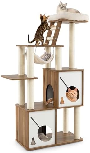 Tangkula Modern Cat Tree, 57 Inch Wood Cat Tower with Sisal Scratching Posts, Padded Top Perch, 2 Cat Condos, Hanging Hammock & Climbing Ladder, Multi-Layer Large Cat Tree Tower for Indoor Cats