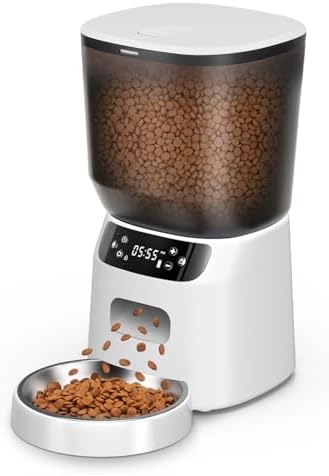 Automatic Cat Feeder, Cat Food Dispenser with Stainless Steel Bowl, Timed Portion Control 20 Portions 6 Meals Per Day, Voice Recorder, Dual Power Supply for Small Dogs (White)