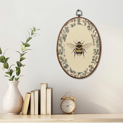 Vintage Bee Oval Framed Wall Art, Cottagecore Floral Canvas Art Wall Decor，Rustic Garden Botanical Bathroom Hanging Decor Painting Artwork for Home Bedroom Living Room Office Bedroom 8.3x12inch