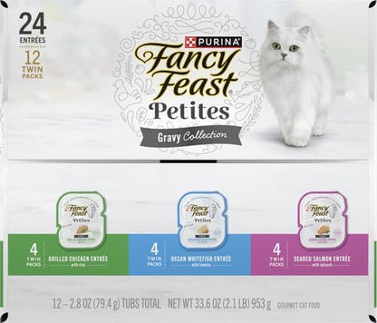 Fancy Feast Purina Gourmet Wet Cat Food Variety Pack,Petites Gravy Collection,Break-Apart tubs,48 Servings - 2.8 oz. Tubs,(Pack of 24)