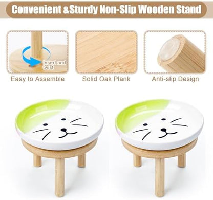 Shallow Elevated Cat Bowls with Bamboo Stand, 5.9 Inch Wide Ceramic Cat Dish Whisker Friendly, 2 Pack Pet Food and Water Plates