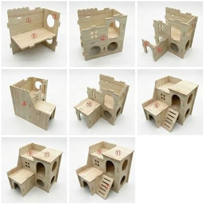 Multi-Chamber Wooden Hamster Hideout, House and Cage Accessory, Model 1