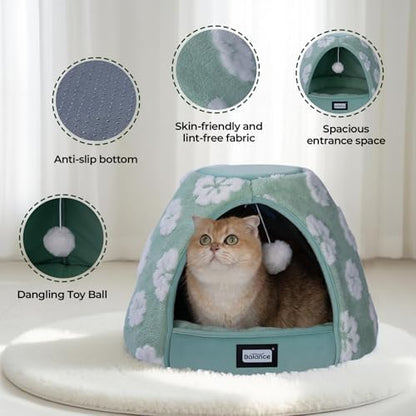 BALANCE Cat Beds for Indoor Cats, 2-in-1 Cat Bed Cave with Anti-Slip Bottom and Ultra-Soft Plush, Cozy Cats House Tent for Kittens and Small Dogs, 19 Inches, Green