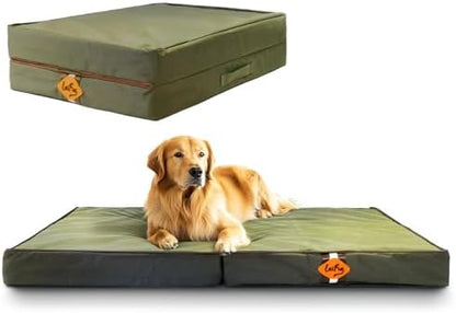 Laifug Foldable Waterproof Dog Bed for Large Dogs - Outdoor Orthopedic Dog Bed with Washable Removable Cover, Pet Mattress with Handles, Army Green, (44 x 32 x 3.5, inches)