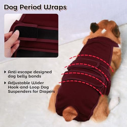 QBLEEV Female Dog Diapers with Adjustable Suspenders – Washable Sanitary Panties for Dogs in Heat or Incontinence, Escape-Proof Reusable Pet Period Underwear Onesie for Small to Large Breeds