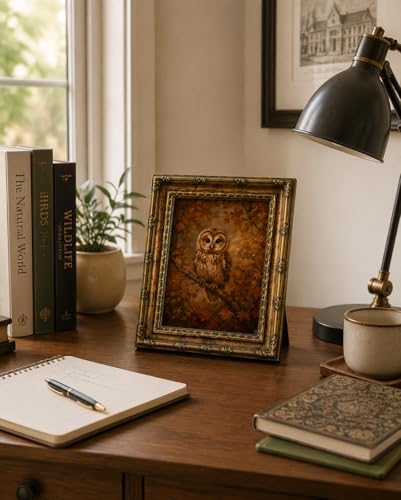Framed Vintage Style Wall Art Rustic Forest Animal Elegant Owl Canvas Print Poster Farmhouse style artwork suitable for bedroom or living room 8x10 inches designed for wall hanging or tabletop display