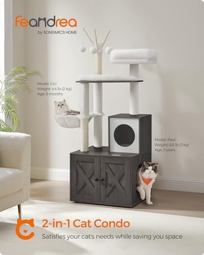 Feandrea Cat Tree with Litter Box Enclosure, 59-Inch, 2-in-1 Condo