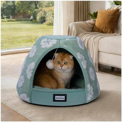BALANCE Cat Beds for Indoor Cats, 2-in-1 Cat Bed Cave with Anti-Slip Bottom and Ultra-Soft Plush, Cozy Cats House Tent for Kittens and Small Dogs, 19 Inches, Green