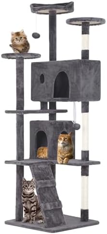 FDW | 70" Cat Tree Tower | Light Gray | Multi-Level Indoor Activity Center with Sisal Scratching Posts, Condos, Plush Perches, Hanging Cat Toys | Sturdy, Easy to Assemble | for Kittens & Adult Cats