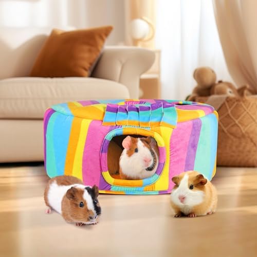 Guinea Pig Hideout & Tunnels Guinea Pig Toys Cozy Guinea Pig House with Door Curtain Soft Guinea Pig Bed for Small Pet/Hamster/Sugar Glider/Chinchilla Playing and Resting (Rainbow)