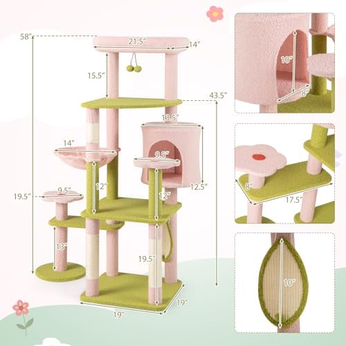 PETSITE 58-inch Flower Cat Tree, Multi-Level Cat Tower with Sisal Scratching Posts and Board, Cat Condo, Side Basket, and Dangling Balls, Cute Pink Cat Tree Tower for Indoor Cats