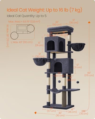 Feandrea Cat Tree, 69-in Large Cat Tower, Multi-Level Condo, Dark Gray
