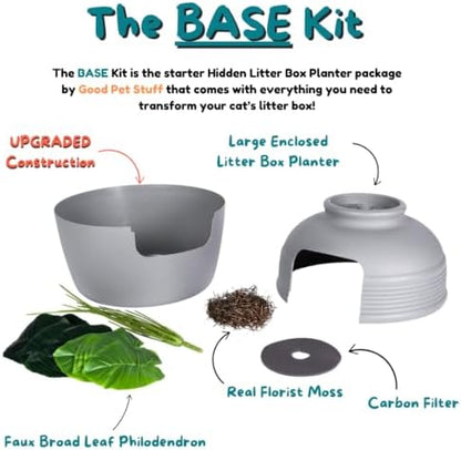 Good Pet Stuff Original Hidden Litter Box Planter, Decorative Cat Litter Enclosure, Carbon Filter, Faux Plant, Round Design, Easy to Clean, Base Kit, Broad Leaf Philodendron, Pebble Gray