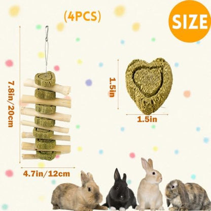 kathson Natural Bunny Toys for Rabbits,4 PCS Hanging Rabbit Chew Toys Treats with Timothy Hay Cakes & Sweet Bamboo Stick,Reduce Boredom,Keep Dental Health,Chewing Toys for Guinea Pigs Bunny Hamster