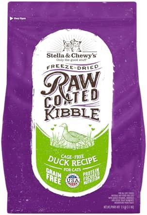 Stella & Chewy's Raw Coated Cat Food - High Protein, Grain-Free Kibble with Cage-Free Duck - Premium Digestive Support with Probiotics - Natural Small Kibble - Perfect For Picky Eaters - 2.5 lb Bag