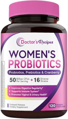 Doctor's Recipes Women's Probiotic, 120 Caps 50 Billion CFU 16 Strains, with Organic Cranberry, Digestive Immune Vaginal & Urinary Health, Shelf Stable, Delayed Release, No Soy Gluten Dairy