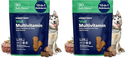 Honest Paws (90 Count) Dog Multivitamin Soft Chews with 10 Essential Vitamins - Joint, Coat, Immune, Eye & Heart Support - with Glucosamine, Chondroitin & Omega-3 - Beef Flavor (Pack of 2)