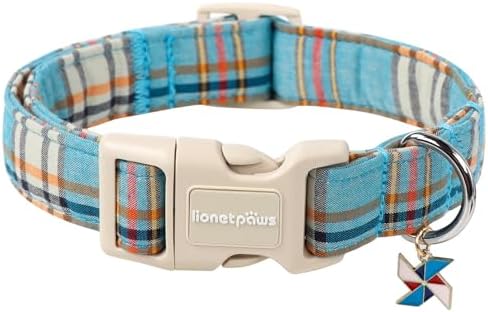 Lionet Paws Boy Dog Collar- Cute Blue Plaid Dog Collars with Plastic Buckle, Light Adjustable Dog Collars for Medium Dogs