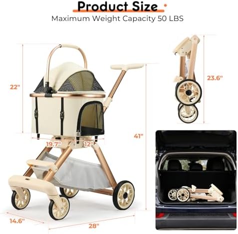 Pet Stroller for Small Dogs - 3 In1 Dog Stroller with Adjustable Handle and Detachable Carrier Car Seat, Foldable Cat Stoller with 5" Lockable All-Terrain Wheels