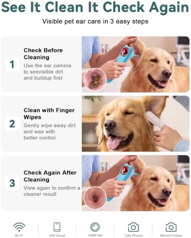 Pet Ear Camera Cleaning Kit with Screen, Dog & Cat Ear Cleaner with 50 Finger Wipes, Gentle Soft Otic Ear Cleaning Pads, Helps Clean Dirt, Wax & Odor-Causing Buildup, Non-Irritating, Blue