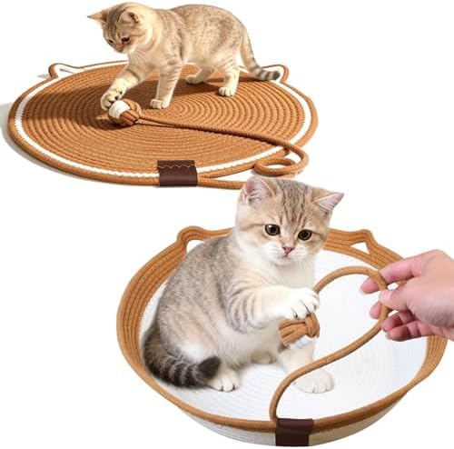 Round Cat Bed & Scratcher Mat Set, Instinct Handwoven Natural Cotton Rope Cat Basket with Soft Cushion, All-Season Indoor Pet Furniture Fit Cats Under 22 Lbs
