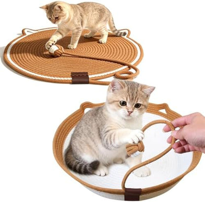 Round Cat Bed & Scratcher Mat Set, Instinct Handwoven Natural Cotton Rope Cat Basket with Soft Cushion, All-Season Indoor Pet Furniture Fit Cats Under 22 Lbs