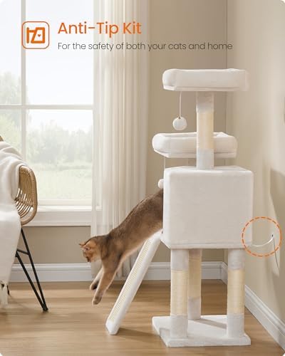 Feandrea Cat Tree, 45.3-Inch Cute Cat Tower, Plush Climbing Condo, White