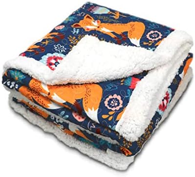 Lush Decor Pixie Fox Sherpa Throw Blanket 50”W x 60"L Navy & Orange - Sherpa Blankets - Toddler Blanket For Bed - Navy Girls Room Decor - Floral Throw