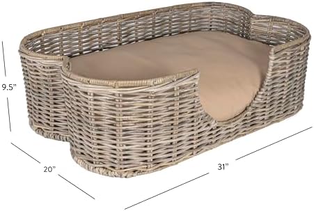 DBD1003A Scallop 31" x 20" Tropical Handwoven Rattan Dog Bed with Machine Washable Cushion, Kubu Gray