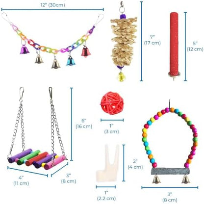 SunGrow Parrot Swing and Perch Bundle, Keep Birds from Hatching Plans for World Domination with Joyful Colorful Items for Love Birds, Conures, Cockatiels, Finches, Parakeets, 12 Pieces