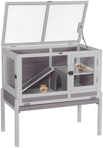 Aivituvin Wooden Guinea Pig Cages Indoor with Removable Stand, Anti Chewing Rabbit Hutch with Ramp and Wire Mesh, 2 Story Small Animals House Habitat with Pull Out Tray (Gray&Purple)