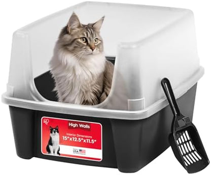 IRIS USA Large High Sided Cat Litter Box, Scatter Shield
