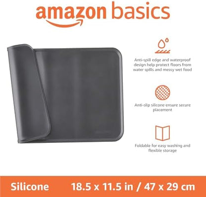 Amazon Basics Waterproof Non-Slip Silicone Pet Feeding Mat with Raised Edges for Food and Water Bowls, Easy to Clean Pet Placemat to Protect Floors, 18.5" x 11.5", Black