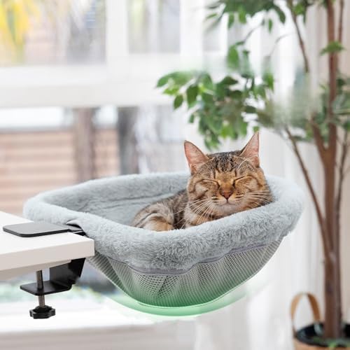 Adjustable Cat Desk Bed, 40cm Round Elevated Cat Hammock with Sturdy Metal Frame, Removable Plush Cushion, Cats Desks Hammock Cats Desk Perch for Home Office Desk