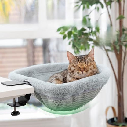 Adjustable Cat Desk Bed, 40cm Round Elevated Cat Hammock with Sturdy Metal Frame, Removable Plush Cushion, Cats Desks Hammock Cats Desk Perch for Home Office Desk