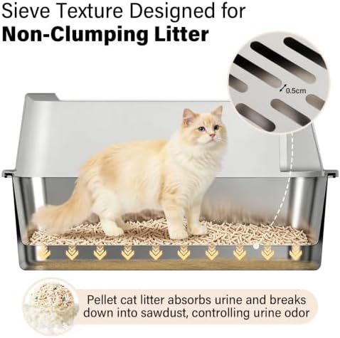 Stainless Steel Litter Box with Lid,XL Sifting Litter Box for Pine Pellets