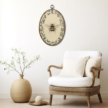 Vintage Bee Oval Framed Wall Art, Cottagecore Floral Canvas Art Wall Decor，Rustic Garden Botanical Bathroom Hanging Decor Painting Artwork for Home Bedroom Living Room Office Bedroom 8.3x12inch