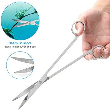 7 in 1 Aquarium Aquascape Tool Kit 15 inch, Aquatic Plant Extra Long Aquascaping Tool for Aquarium Fish Tanks Clean Accessories Set with Silver Tweezer Scissor Spatula, Fish Net, PH Paper, Bag