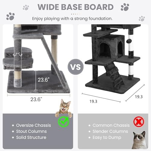 SHA CERLIN 65in Larger Cat Tree Tower Condo for Indoor Kitties/Multi-Level Furniture Activity Center with Wide Base/Cozy Plush Cat Perches/Baskets/Sisal Scratching Posts and Hammock/Grey