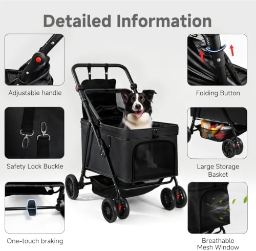 Dog Stroller for Large & Medium Dogs (Up to 66 lbs), Pet Stroller for 2 Small Dogs with Adjustable Handle & Canopy, Sun Shades, Storage Organizer, Oxford Fiber, Foldable & Ventilated
