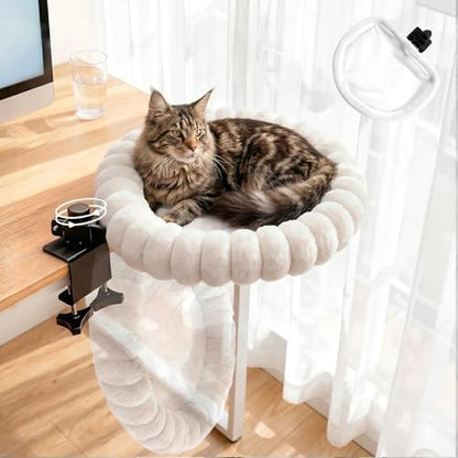20"x16" Rotatable Foldable Cat Desk Bed - 2 Detachable Washable Mats for Desk Cat Bed, Double Screw Reinforced Support, 50LBS Bearing Capacity | Cat Desk Hammock for Home Office & Gaming Desks (White)