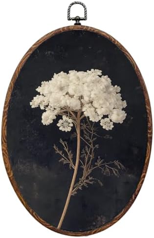 Vintage Flower Oval Framed Wall Art, Dark Botanical Canvas Art Wall Decor，Rustic Antique Floral Neutral Hanging Decor Painting Artwork for Home Bathroom Bedroom Living Room Office 8.3x12inch