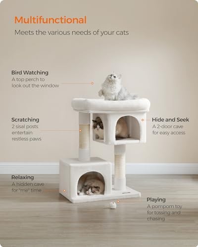 Feandrea Cat Tree, 33.1-in Cute Cat Tower, Plush Kitten Condo, Cream White