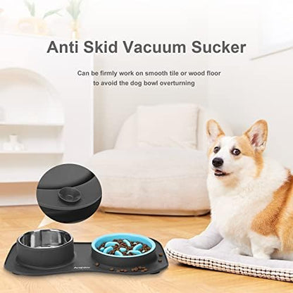Slow Feeder Dog Bowls 3 in 1 Stainless Steel Food Water Bowl to Slow Eating