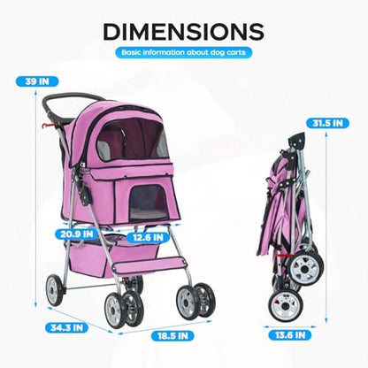 BestOffice Pet Stroller for Small Medium Dogs & Cats, 4-Wheel Foldable Dog Stroller with Cup Holder, Lightweight Travel Carrier, Waterproof Design for Outdoor Walks, Pink