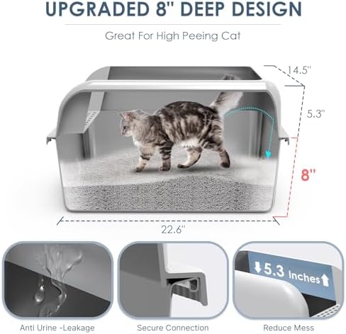 Suzzipaws XL 8" Deep Enclosed Stainless Steel Cat Litter Box for Big Cats