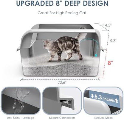 Suzzipaws XL 8" Deep Enclosed Stainless Steel Cat Litter Box for Big Cats