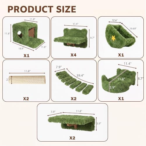 13-in-1 Cat Wall Shelves, Moon & Bridge Cat Wall Furniture, Green