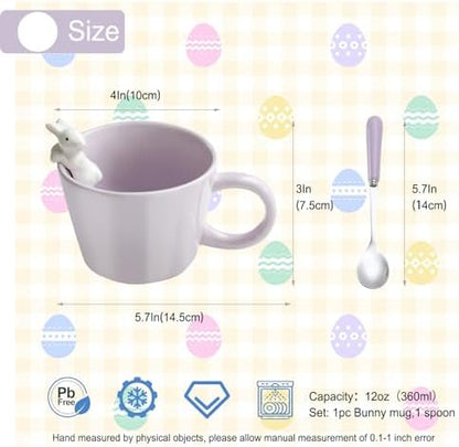 BigNoseDeer Cute Easter Bunny Mugs with 3D Rabbit Inside Ceramic Bunny Coffee Mug with Spoon Cute Gifts Easter Gifts for Women Kids 12oz (Purple)