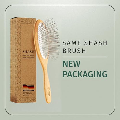 Since 1869 Hand Made In Germany - SHASH Oval Pet Brush With Long Metal Pins With Rubber Cushion - Helps Detangle Knots, Eliminate Frizz, Reduce Pulling & Snagging